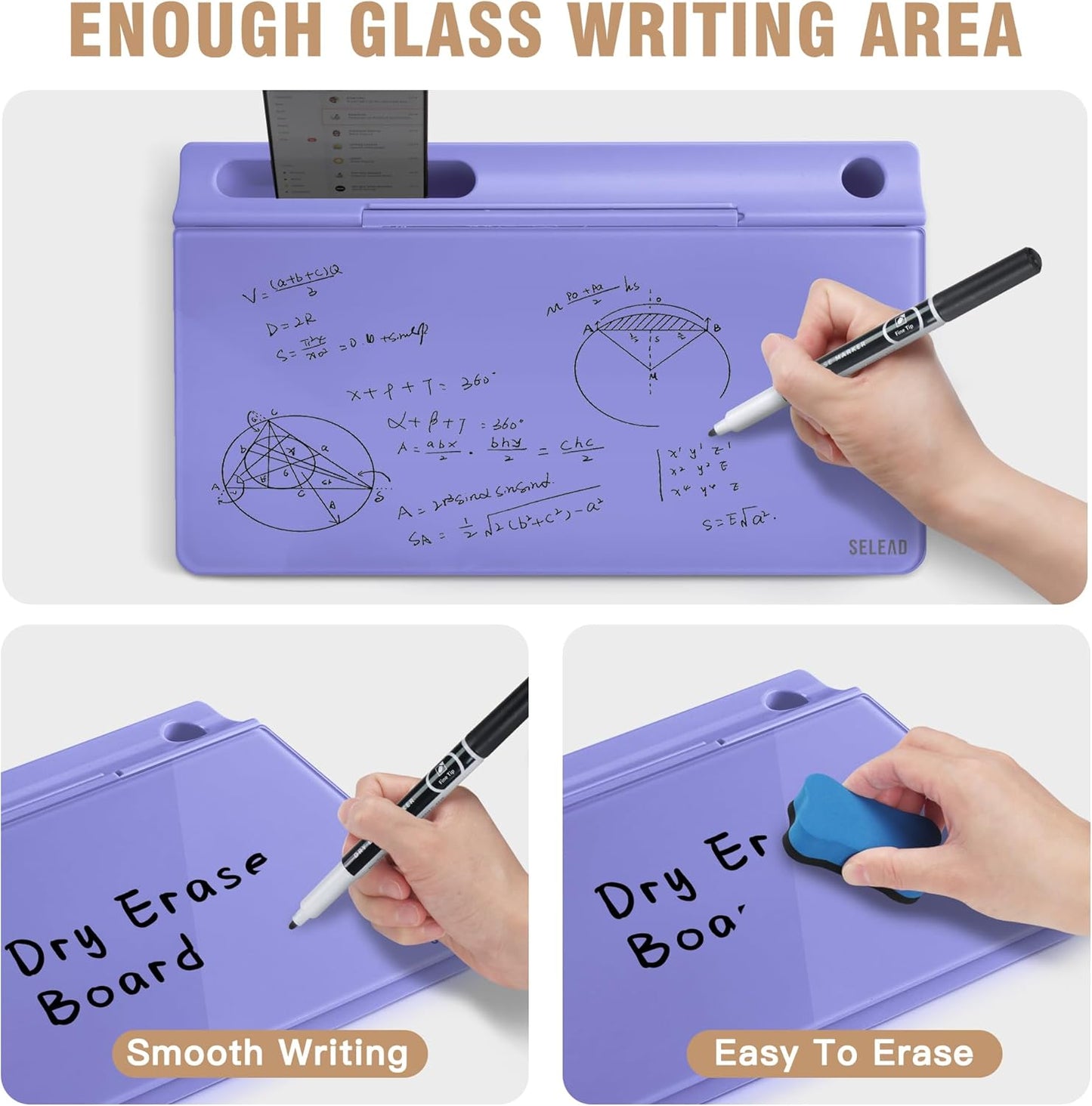 SELEAD Desktop Glass Whiteboard with Storage, Small Dry Erase White Board Computer Pad Keyboard Stand for Home, School, Office Desk Accessories - Purple