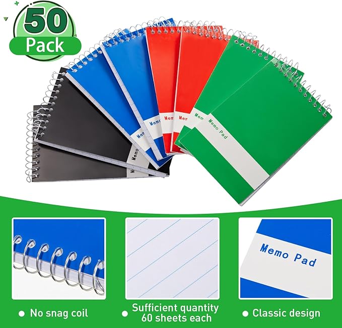 Thenshop 50 Pads Spiral Memo Bulk 3'' x 5'' Top Bound Memo Book 60 Sheets Small Mini Notebooks Lined Wire Bound Pocket Steno Book for Home, Office, School (Classic Colors)