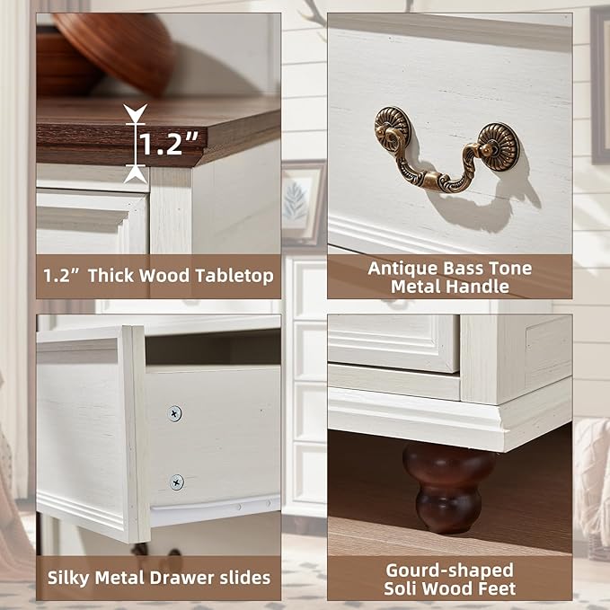 Farmhouse 4 Drawer Dresser Set of 2 for Bedroom, 37" Tall Rustic Chests of Drawers w/ 4 Solid Wood Feet, Mid Century Vintage Wooden Closet Storage Dressers Organizer for Living Room, White