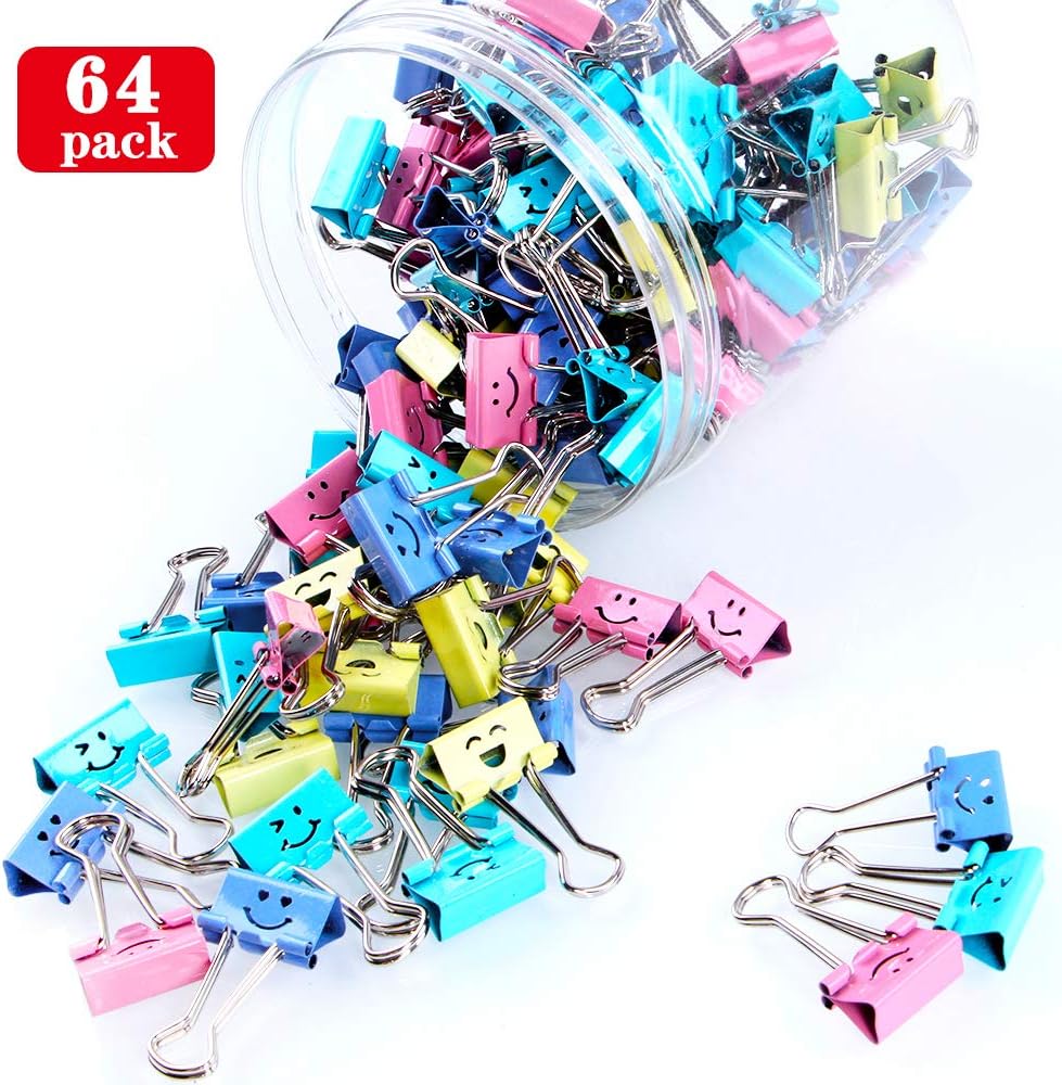 【64pack】 Binder Clips, Limque Paper Clips,Paper Clamps with Colored Cute Hollow Smiling Face,64 Pcs Assorted Size Clip, for Office,Teacher Gifts and Kitchen (BC-64pack)