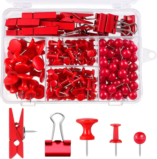 BESARME 200 Pieces Red Push Pins, 5 Style Thumb Tacks Decorative Pins for Cork Board Bulletin Wall Craft Office Home Supplies
