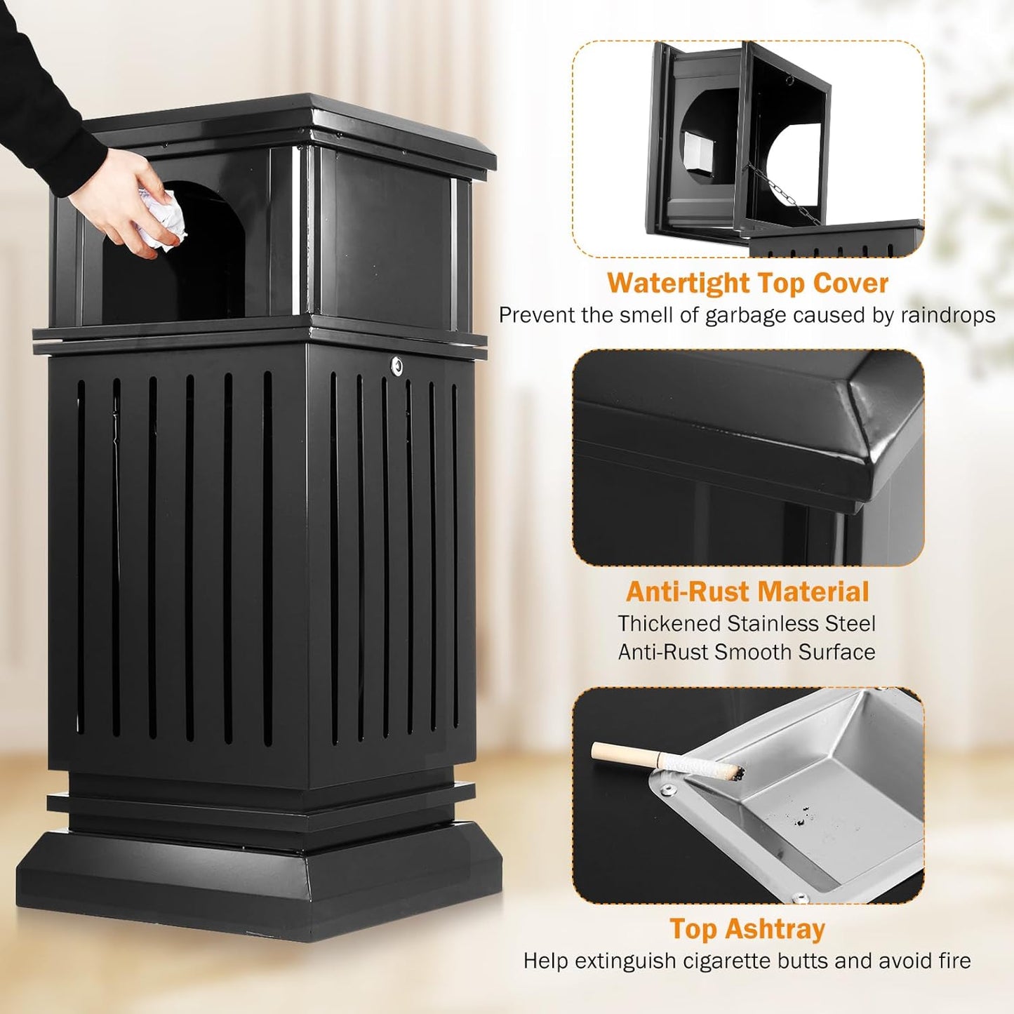 BEAMNOVA Black Trash Can Outdoor Top Tray Stainless Steel Commercial Garbage Enclosure with Locking Lid Heavy Duty Industrial Yard Garage Waste Container, 37.4 * 17.7 * 17.7in