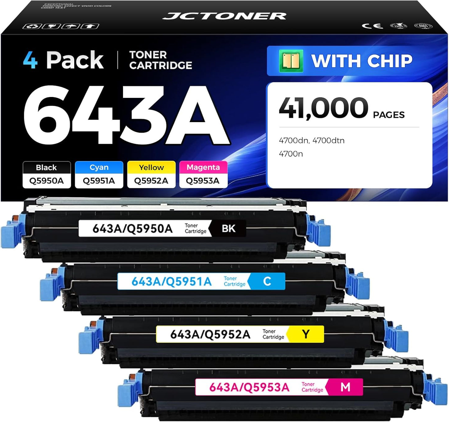 643A Toner Cartridge Set 4-Pack with Chip High Yield Replacement for HP 643A Q5950A Q5951A Q5952A Q5953A Compatible with HP Color Laserjet 4700dn 4700dtn 4700n Printer Ink (Black Cyan Yellow Magenta
