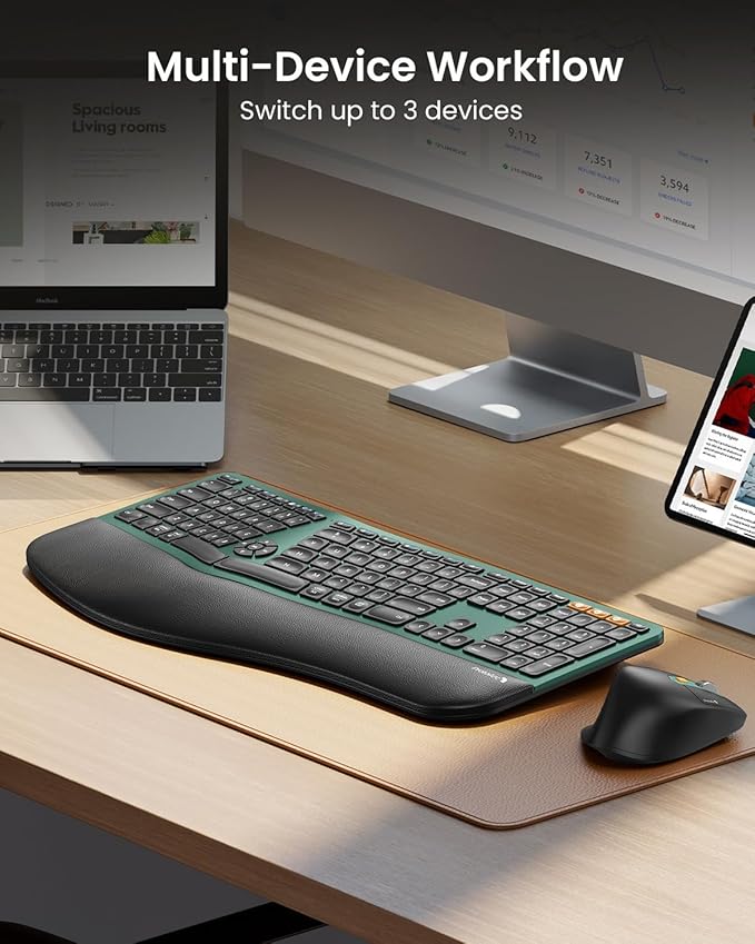 ProtoArc Ergonomic Wireless Keyboard Mouse, EKM01 Plus Full Size Ergo Bluetooth Keyboard Mouse Combo, Split Design, Wrist Rest, Multi-Device, Rechargeable, for Windows/Mac OS - Green