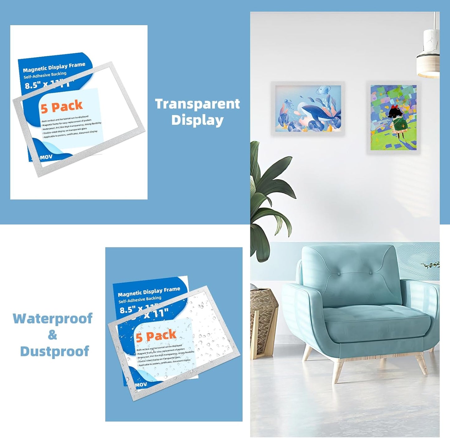 Magnetic Sign Holder 8.5 x 11-5Pcs Durable PVC Magnetic Frames for Refrigerator Reusable Adhesive Frames for Walls Door Window Double Sided Display Magnetic Picture Frame Document Holder