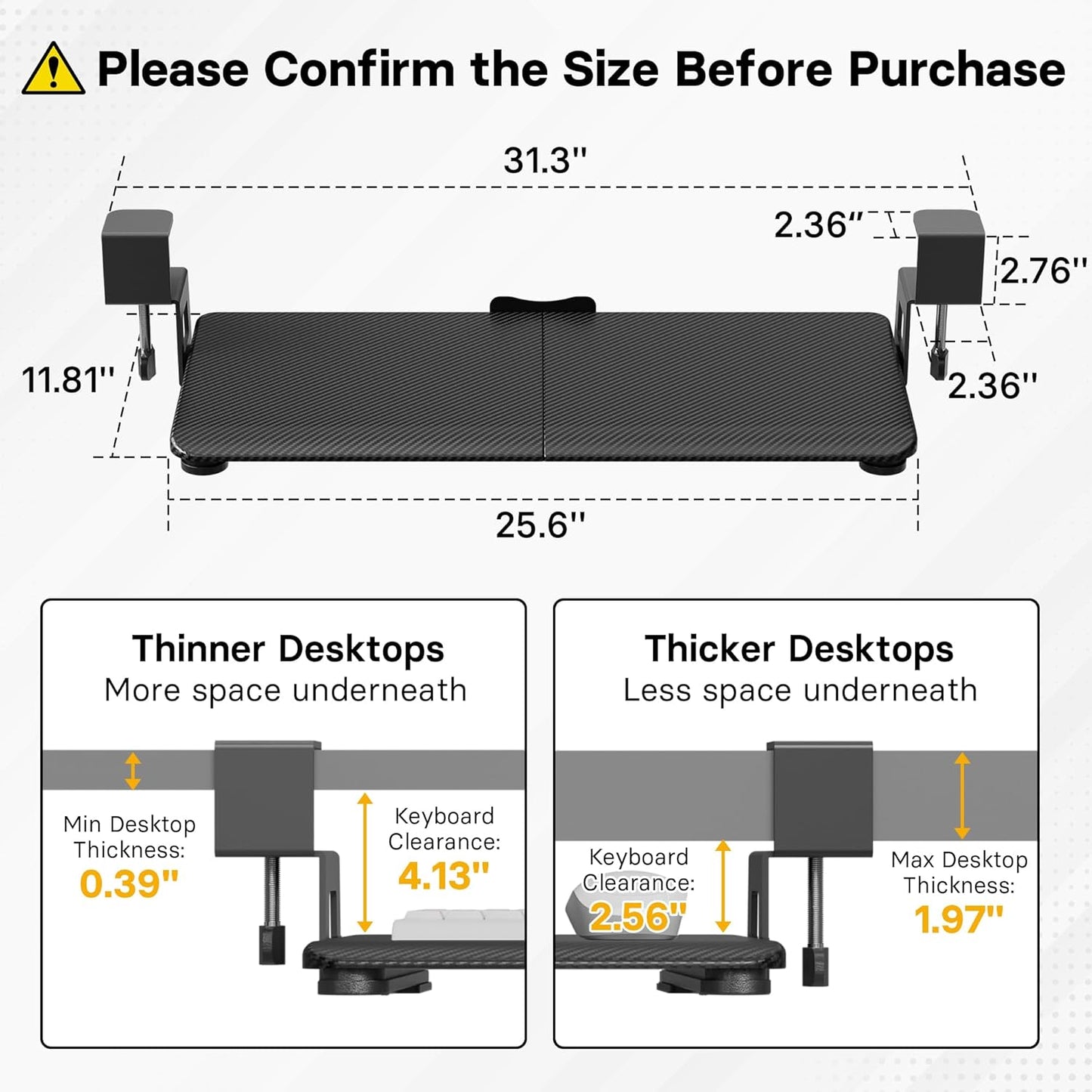 BONTEC KMT01 Under Desk Keyboard Tray, Pull-Out Keyboard & Mouse Platform with C-Clamp, 25.6 x 11.8 in Space-Saving Ergonomic Slide-Out Drawer, Black Carbon Fiber