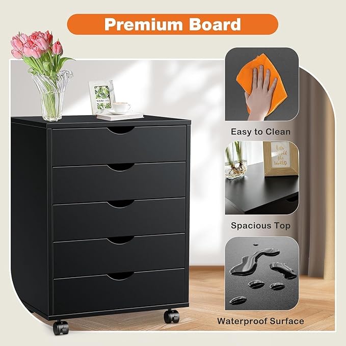 5 Drawer Chest, Dressers Storage Cabinets Wooden Dresser Mobile Cabinet with Wheels Room Organizer, Small Drawers Wood Organization Furniture for Office, Home