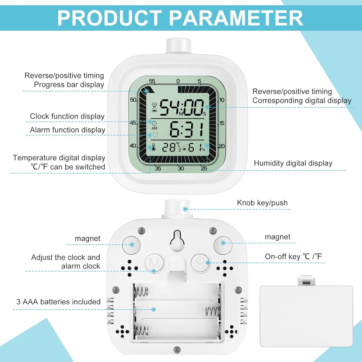 Visual Timer for Kids Kitchen Timer Alarm Clock Countdown Count-up 60 Minutes Shower Room Clock Training Manager time with Digital Thermometer Hygrometer White