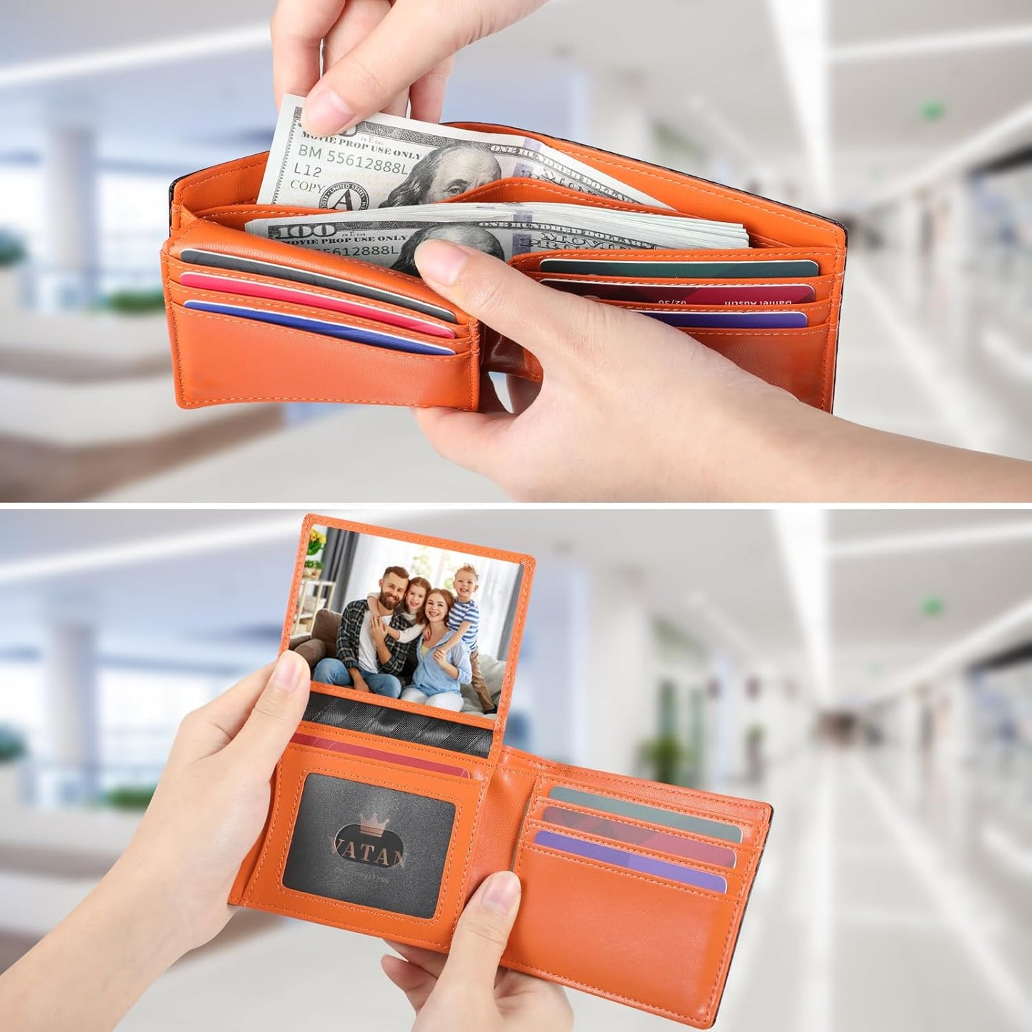 VATAN Wallet for Men, Mens Minimalist Wallet Credit Card Holder, Slim Leather Rfid 2 ID Window Large Capacity With Gift Box (Carbon Black and Orange)