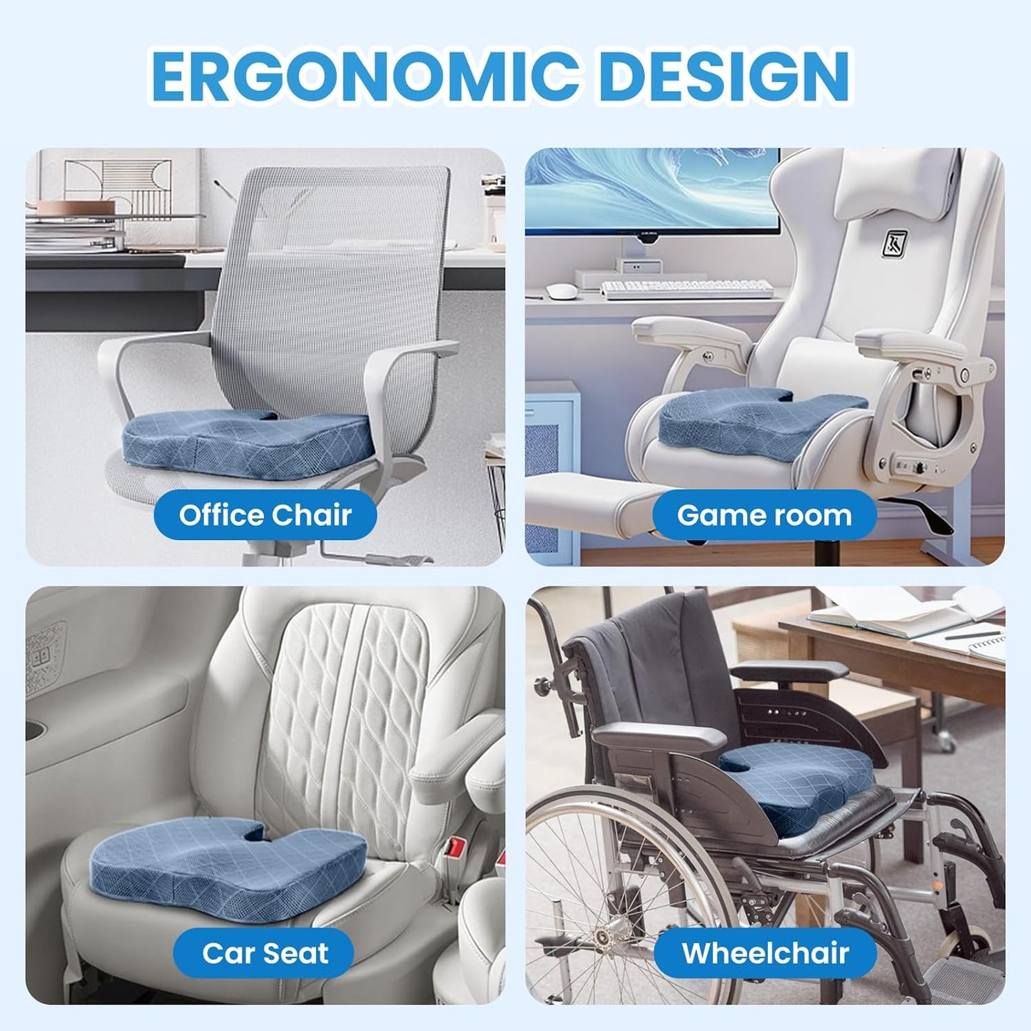 TushGuard Office/Car Seat Cushion, Non-Slip Sciatica & Back Coccyx Tailbone Pain Relief Chair Pad, Memory Foam Butt Pillow for Computer Desk, Wheelchair, Driving (Light Blue)