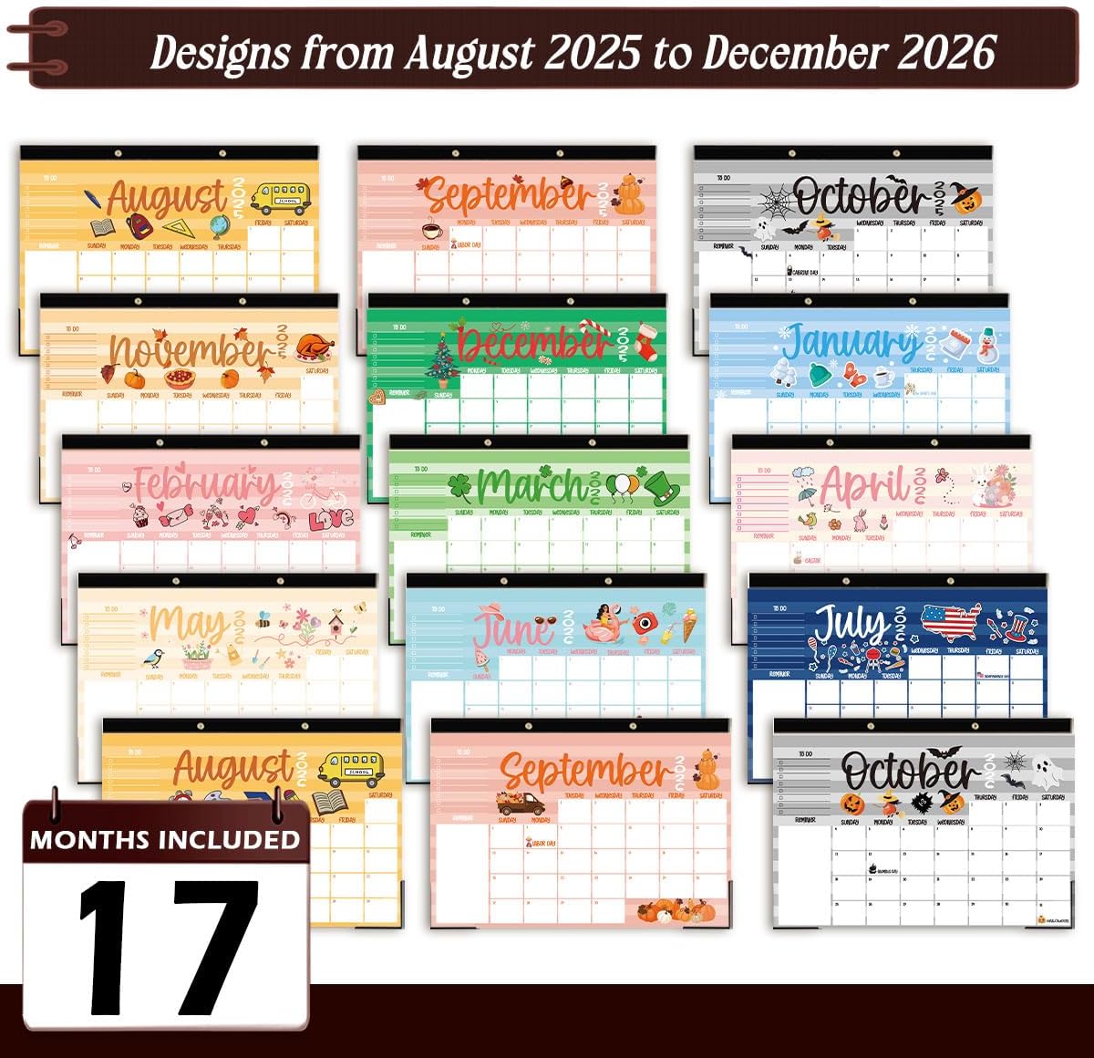 Large Doodle Teacher Desk Calendar 2025-2026 25-26 Teacher planner 17-Month 2025-2026 Desk Desktop Holiday Monthly classroom Calendar 2025 August 2025-December 2026 with Holiday Planner Stickers
