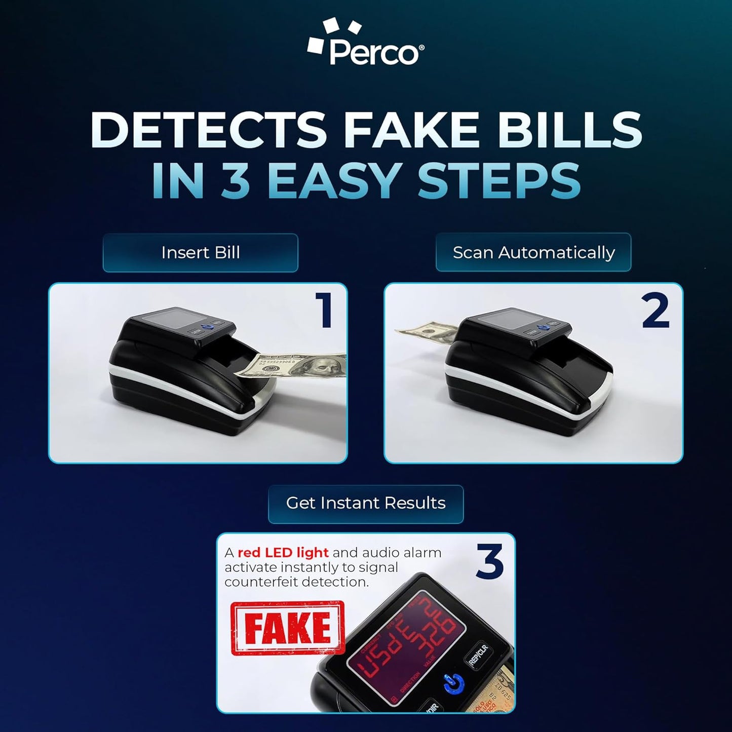 Perco Portable Counterfeit Bill Detector with UV/MG1/MG2/IR Smart Detection, Compact Lightweight Design – Money Checker for Small Business, Retail, and On-The-Go Use