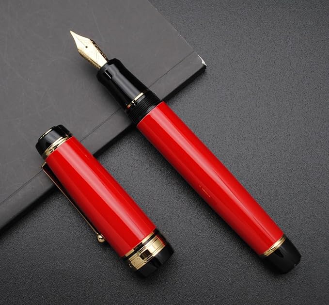 Metal Big Fountain Pen Set Medium Nib 0.7mm, Includes Ink Refill Converter, 5 Ink Cartridges & Gift Box (Medium Nib 0.7mm, Red)