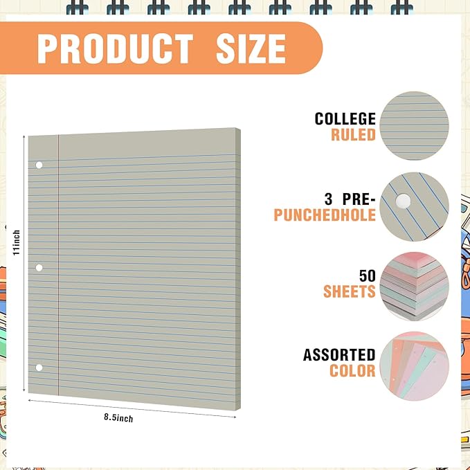 PerKoop 400 Sheets Colored Loose Leaf Paper 8.5" x 11" college ruled Lined 3 Hole Punched notebook Filler Paper for 3 Ring Binders Office School Supplies (Bohemian Color)