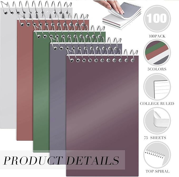 Leinuosen 100 Pcs Spiral Memo Pads 3x5 Inch 75 Sheets College Ruled Small Pocket Notebooks Little Mini Notepads Bulk Top Bound Lined Note Pads for Home School Office Travel Work (Vivid Color)