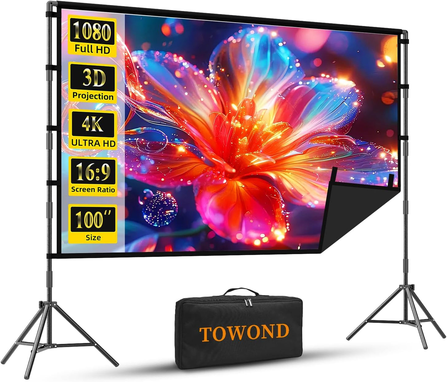 Projector Screen with Stand, TOWOND 100 inch Portable Projector Screen Black Backing, Indoor Outdoor Movie Screen 16:9 4K HD Wrinkle-Free Projection Screen with Carry Bag for Backyard Movie Night