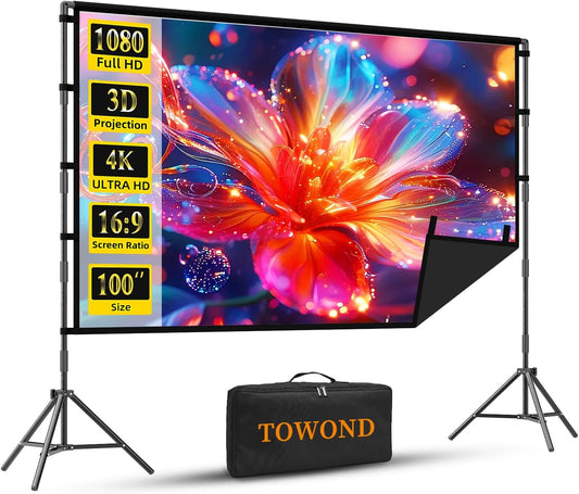 Projector Screen with Stand, TOWOND 100 inch Portable Projector Screen Black Backing, Indoor Outdoor Movie Screen 16:9 4K HD Wrinkle-Free Projection Screen with Carry Bag for Backyard Movie Night