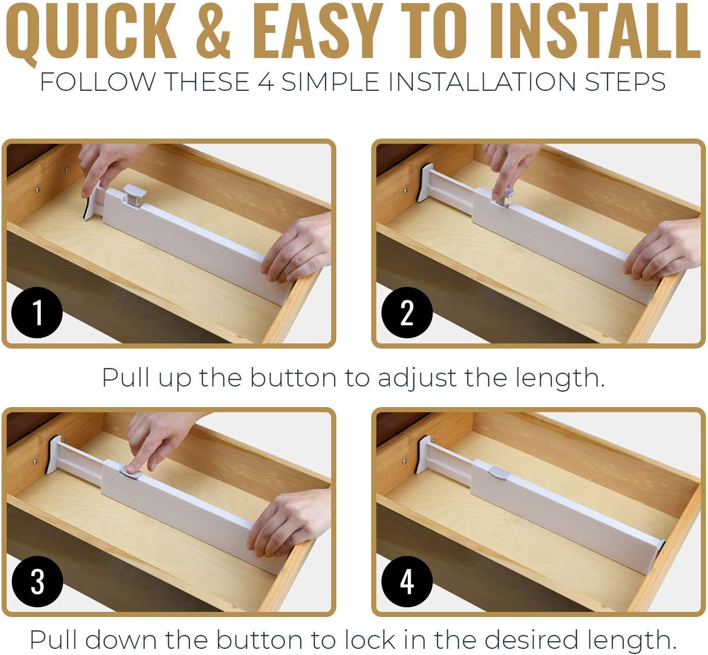 RAPTUROUS 4" Tall Drawer Dividers, 8-Pack, 11-17" Long, Expandable & Adjustable, Strong & Sturdy Non-Slip Dividers for Dresser, Closet, Kitchen, Nursery, and Office (White)