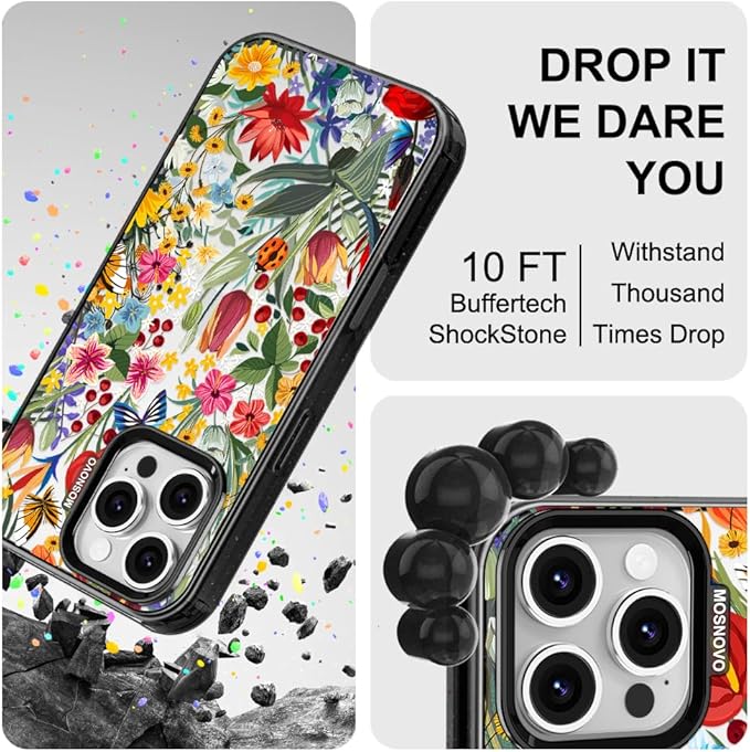 MOSNOVO Case for iPhone 16 Pro Max, [10ft 4X Military-Grade Drop Protection] Durable & Shockproof Phone Case Cover Design for iPhone 16 Pro Max - in The Garden - Clear Black
