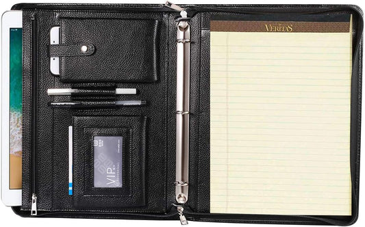 Professional Leather Business Padfolio Portfolio Case, 3 Ring Binder,Zippered Business Document Organizer Tablet Holder Folder Case,with Letter Size Notepad (black)