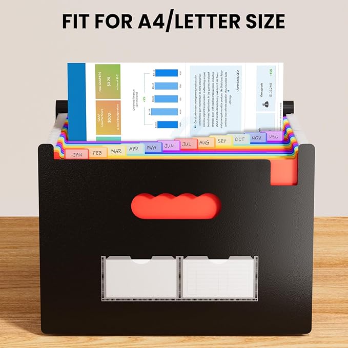 Sooez 24 Pockets Expanding File Folder with Blank Labels, According File Organizer with Expandable Cover, Desktop Accordion Folders Letter A4 Paper Document Storage Organizer, Red