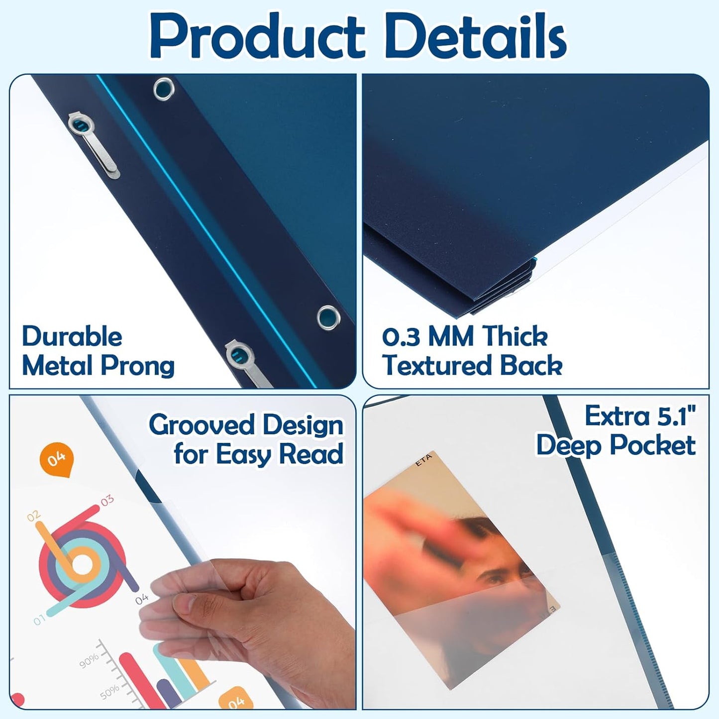 30 Pcs Clear Front Report Covers, Report Covers with 3-Prong Fasteners, Clear Front Presentation Folders for School Office Business, Navy Blue