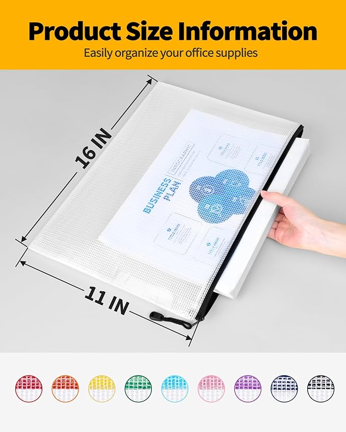 SUNEE Plastic Mesh Zipper Pouch 11x16 in (6 Colors, 18 Packs),Extra Large Water-Resistant Zip Bag for School Office Supplies, Puzzles & Games Organizing Storage