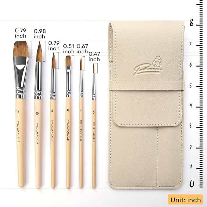 Sable Travel Watercolor Brushes, Fuumuui 6pcs Kolinsky Sable Watercolor Travel Brushes with Short Handles - Detail Liner Pointed Round Flat Wash Mop for Watercolor Gouache Ink Painting