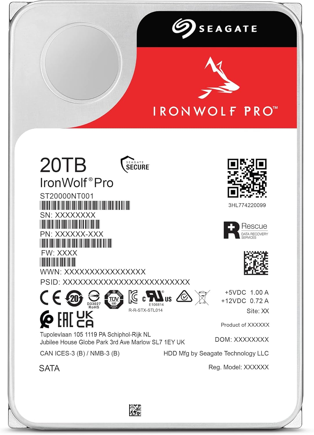 Seagate IronWolf Pro, 20 TB, Enterprise NAS Internal HDD –CMR 3.5 Inch, SATA 6 Gb/s, 7,200 RPM, 256 MB Cache for RAID Network Attached Storage (ST20000NT001)