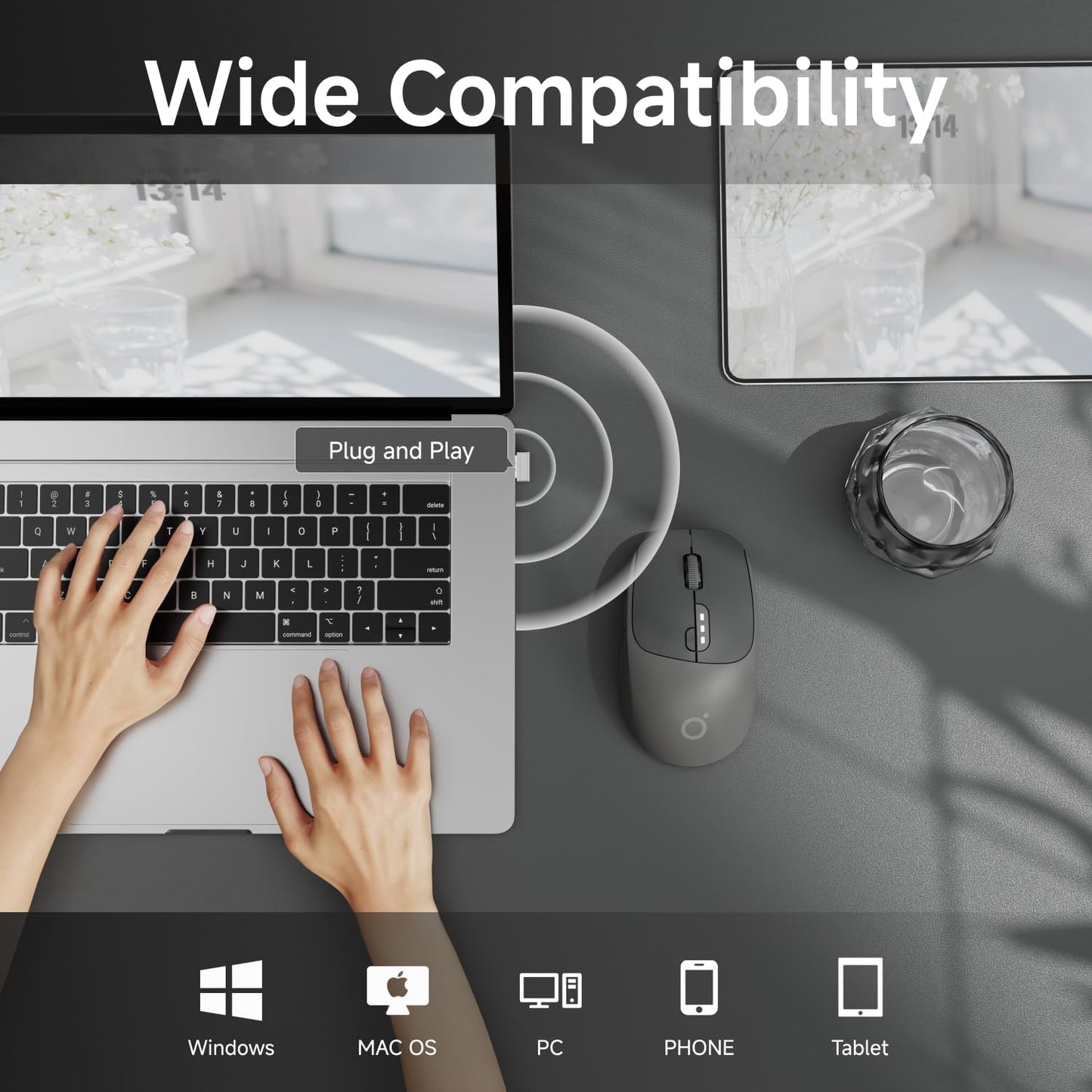 EWEADN Q5 Wireless Mouse, Bluetooth & 2.4G Quiet Computer Mouses with 1600 DPI, Battery Level Display, Ergonomic Office Mouse,6 Button Portable Cute Cordless Mice for Laptop/PC/Mac- Black