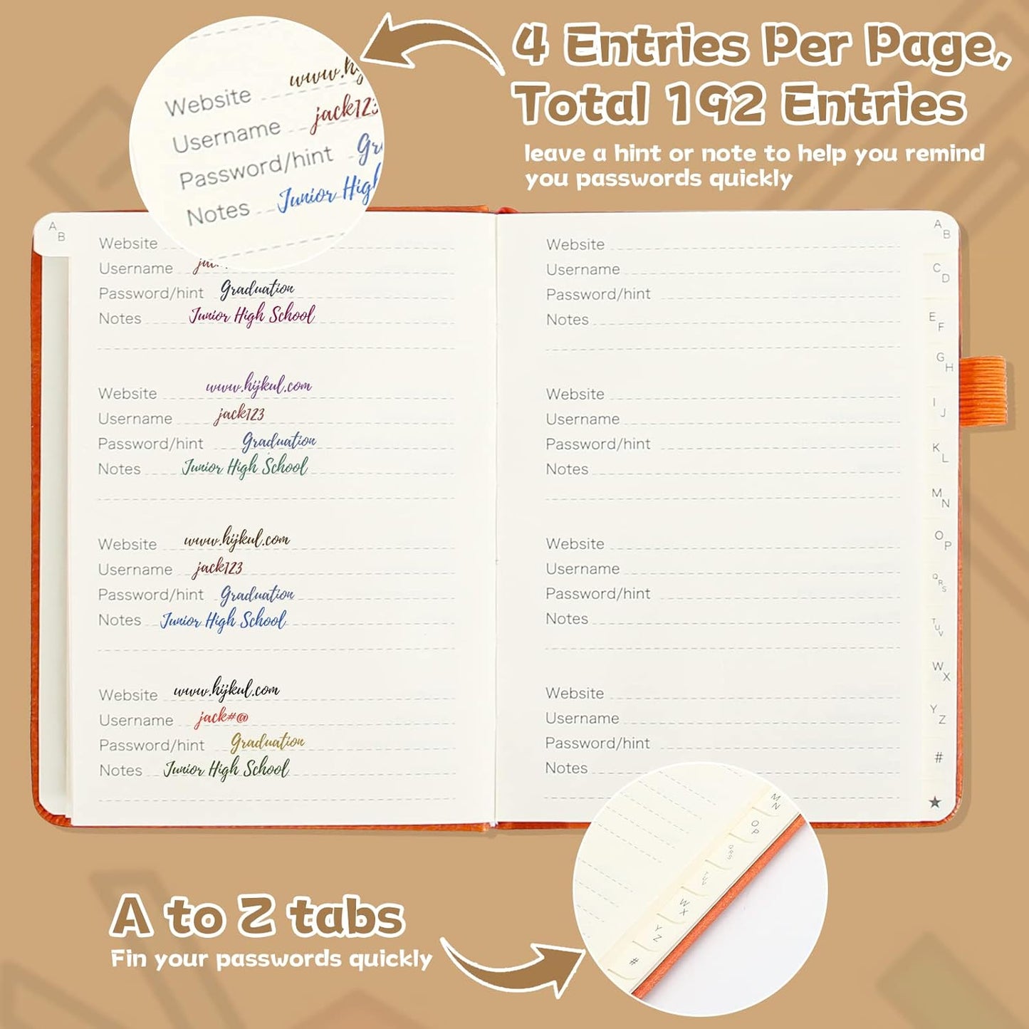 DAOFARY Password Book with Alphabetical Tabs - Small Password Keeper Book (5.6 * 4.3 in) with Inner Pocket, Hardcover Password Keeper Notebook for Log Internet Website Information (Reddish Brown)