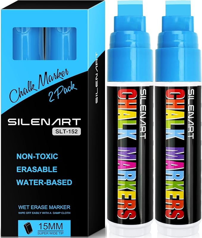 SILENART Blue Chalk Markers Jumbo Tip - 15mm Thick Tip Car Marker - Wide Window Chalk Pen for Chalkboard, Window, Glass, Mirror, Blackboard