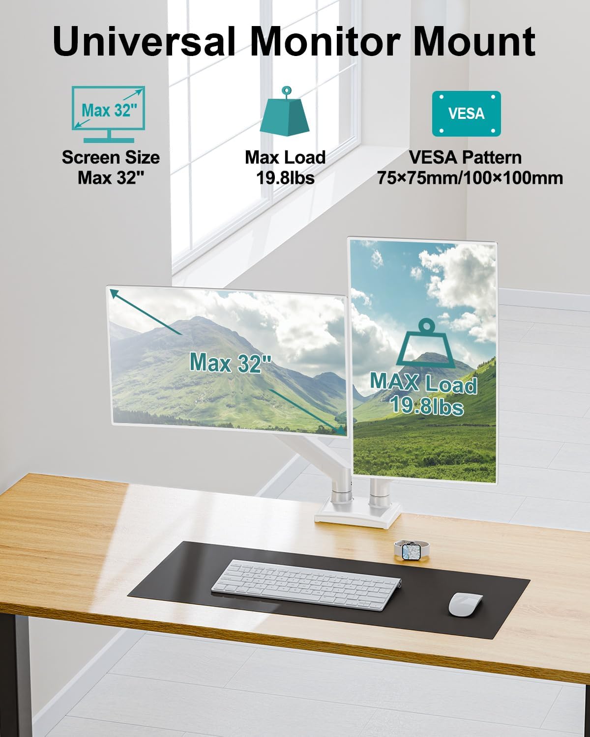 Dual Monitor Desk Mount - Adjustable Monitor Arm for 2 Monitors up to 32 inches/19.8 lbs, Double Monitor Stand VESA Bracket with C-Clamp & Grommet Mounting, Computer Screen Mount, White, Freelift