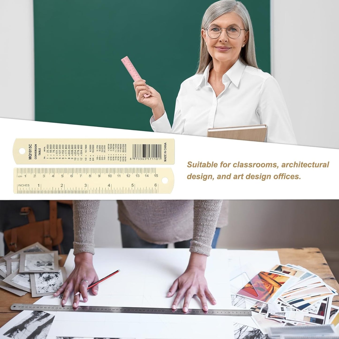 HARFINGTON 2pcs Metal Straight Ruler 15cm Metric SAE Aluminum Alloy Measuring Rulers Scale Tool with Hole for Measure Study Reading Classroom Office, White