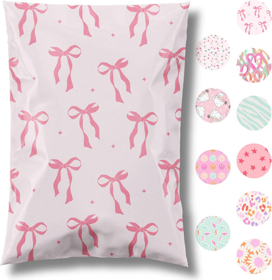 14.5x19 Designer Poly Mailer 100 Pack Heavy Duty Waterproof Self Seal Shipping Bags for Small Business Large Mailing Envelopes Bulk Tear Resistant Packaging Pink Bows Coquette