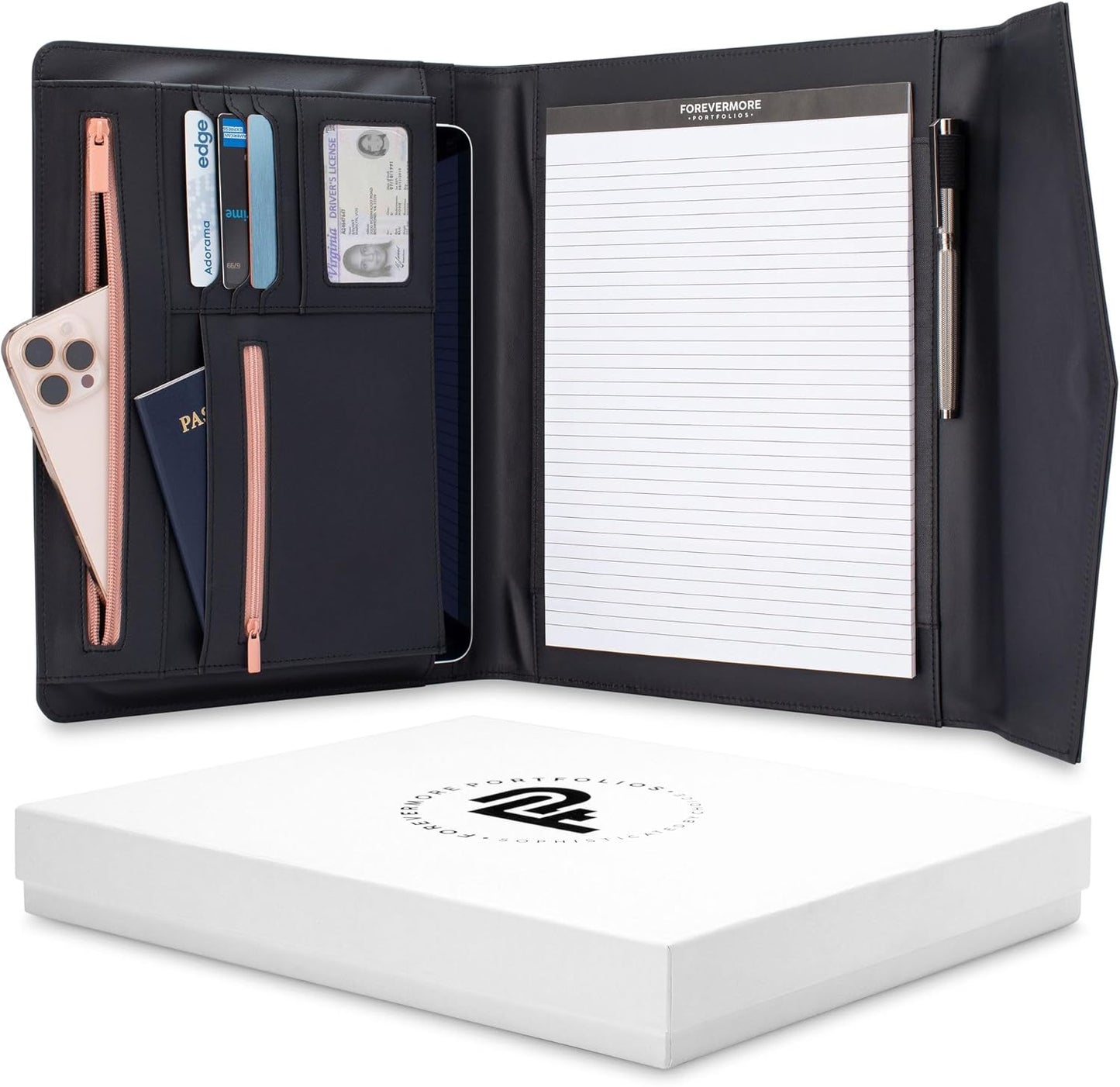 Padfolio Binder Organizer for Women | Faux Leather Portfolio Folder for Resume, Documents, Notebook, Tablet and Business Cards | Notepad Included - Black