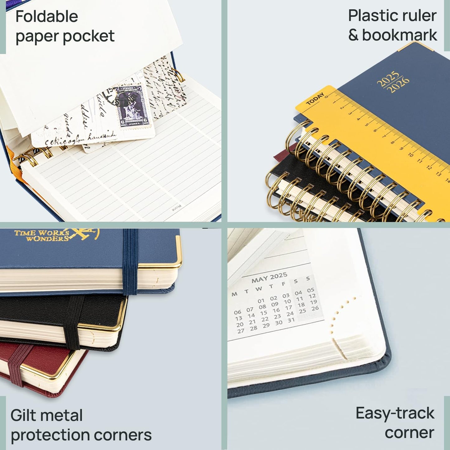 POPRUN Pocket Planner 2025-2026 (Spiral Hardcover - 4''x 6.25''), Daily Weekly and Monthly (July 2025 - June 2026) with Hourly Time Slots, for Purse, 100 GSM - Midnight Green