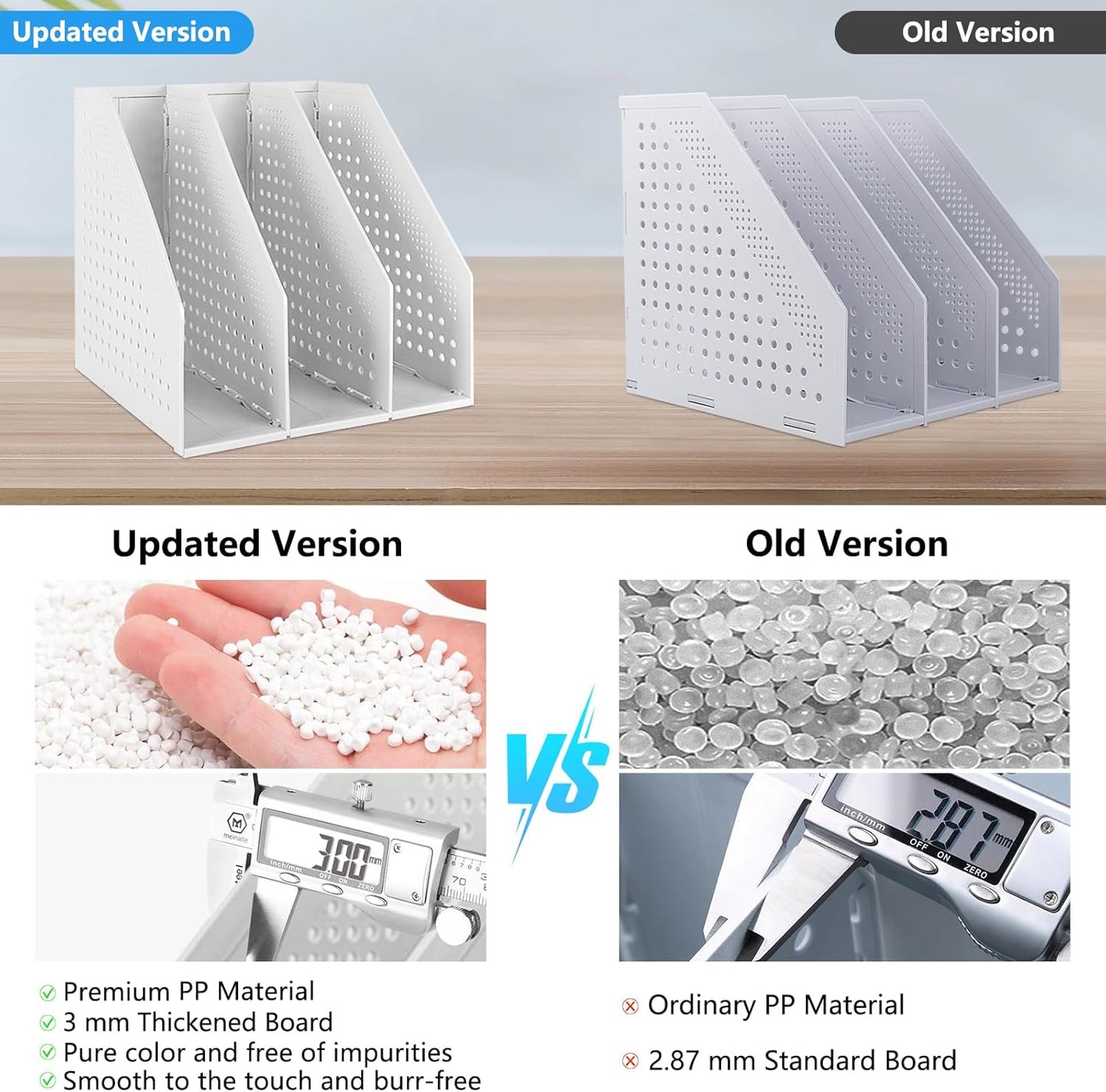 SAYEEC 2Pcs Collapsible Plastic Magazine File Holder Vertical Binder Storage Organizer for Desk Sturdy Upright Desktop Magazine Organizer Folder Rack for Office School Home (3 Compartments, Gray)