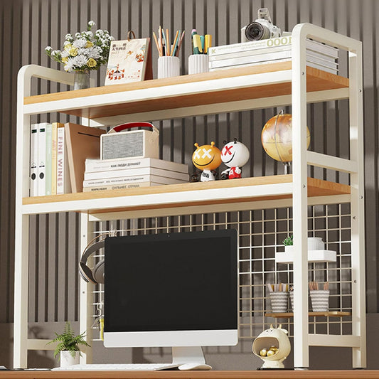 2-Tier Desktop Hutch Bookshelf Metal Desk Shelf Dorm Bookcase for Computer Desk Countertop Storage Organizer Display Rack for Office Home (White, 29.5in)