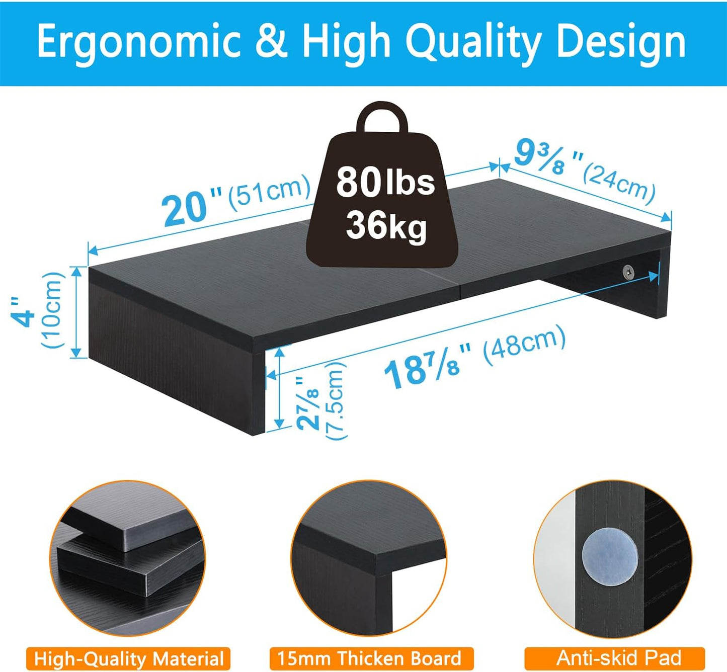 TEAMIX 20 Inch Monitor Stand Riser, Black Desktop Stand for PC/TV/Laptop/Printer, Wood Monitor Riser with Storage, Computer Stand Keyboard Organizer