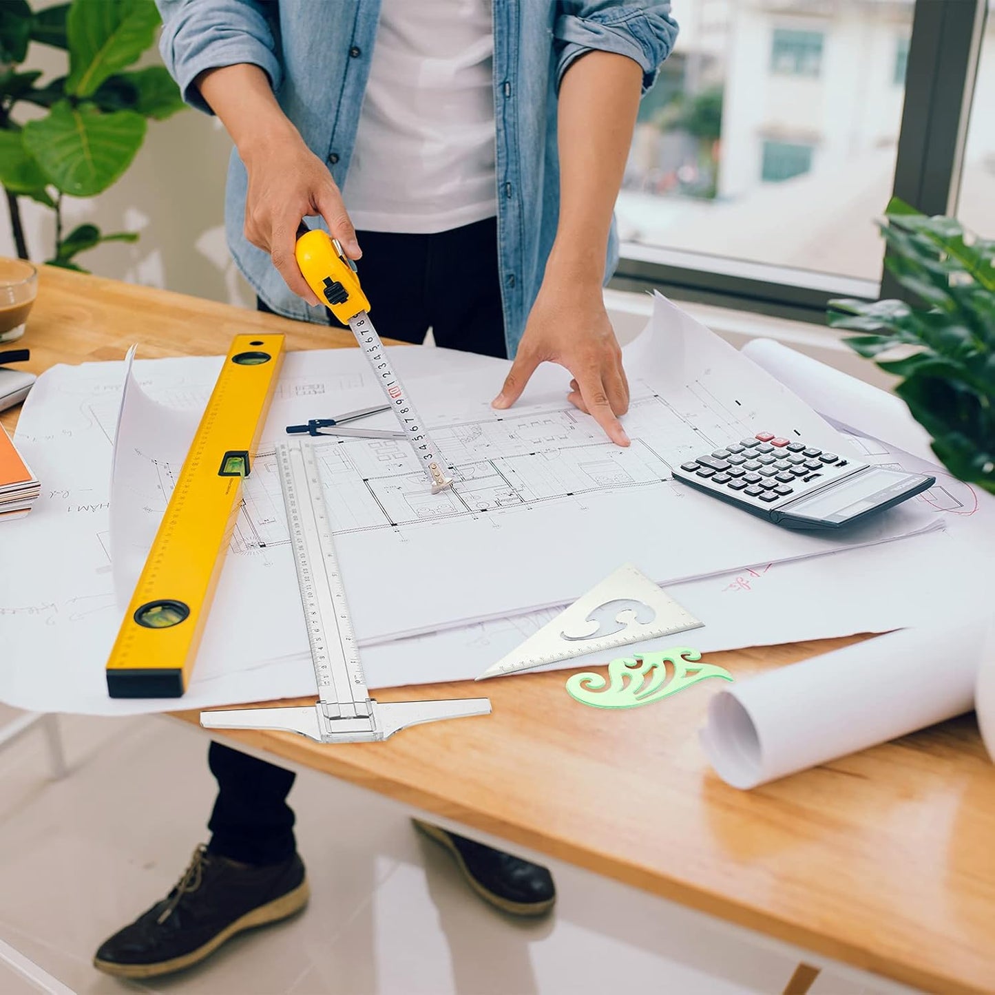 Frienda 5 Pieces Drafting Tools 12 Inch T-Square Ruler Plastic Transparent Drawing Ruler 180 Degree Protractor, 2 Triangles and a French Curve for Students and Engineering Drawing