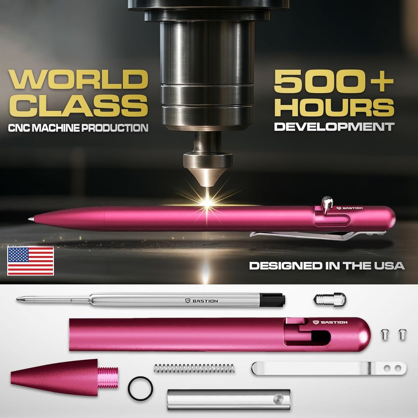 BASTION® Luxury Slim Bolt Action Pen, Lightweight Aluminum EDC Pen with Fine Tip, Professional Ballpoint Pen for School and Work - Pink