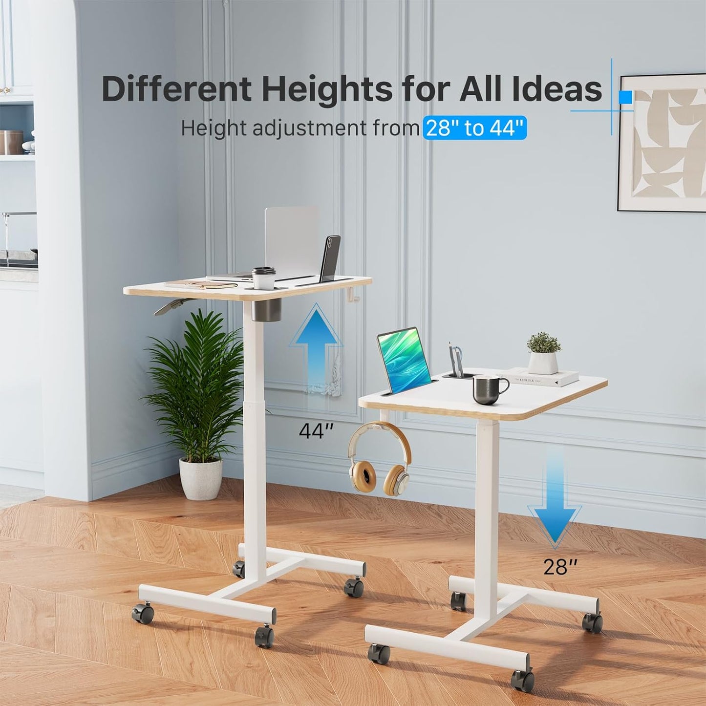 Mobile Standing Desk, Rolling Laptop Cart Adjustable Height with Cup Holder, 28 inch Portable Table with 4 Lockable Wheels, White Computer Workstation with Hook and Slots for Home Office