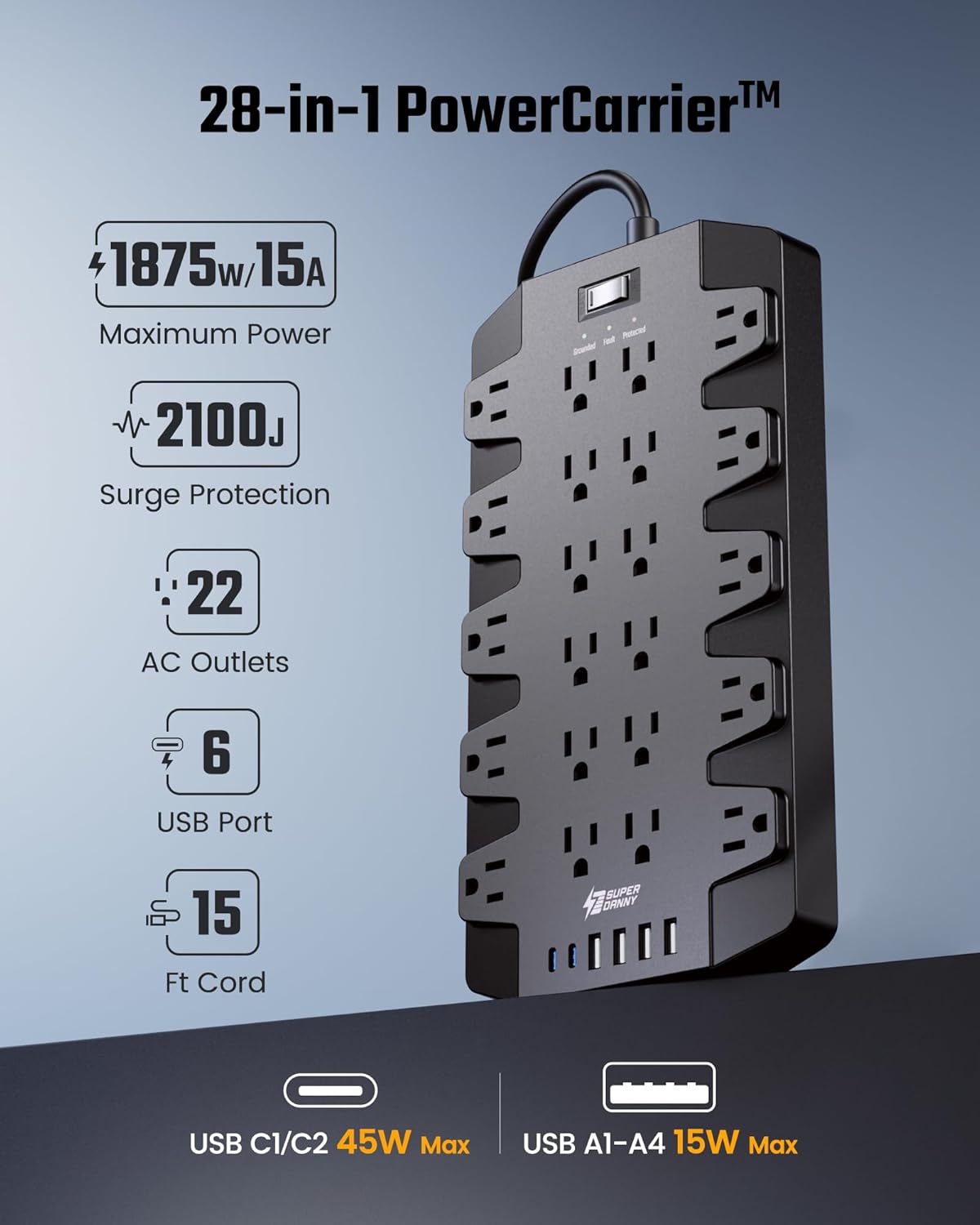 SUPERDANNY Power Strip Surge Protector with 15ft Extension Cord - 22 Outlets, 6 USB Ports, 45W Fast Charging - 1875W/15A, 2100J, 45°Plug, Mountable - Ideal for Home, Office, Gaming, PC, Streaming