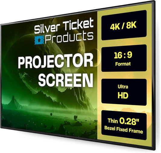 Silver Ticket Products S7 Series 6 Piece Thin Bezel Home Theater Fixed Frame 4K/8K Ultra HD, HDTV, HDR & Active 3D Projection Screen, 16:9 Format, 110" Diagonal, White Material S7-169110