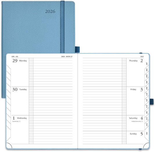 POPRUN 2026 Weekly Planner (Medium 6.75" x 8.75") 12 Months Calendar Notebook with Horizontal Layout, Leather Hardcover, Inner Pocket, 100GSM Thick Paper, Pen Holder - Aquamarine