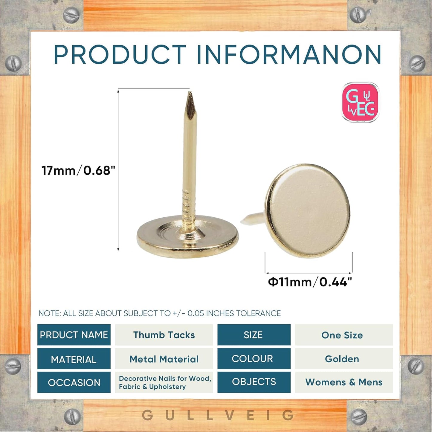 Gullveig Golden Push Pins and Thumb Tacks: Heavy Duty Flat Upholstery, Long Carpet Tacks, and Decorative Nails for Wood and Fabric, 50 Count