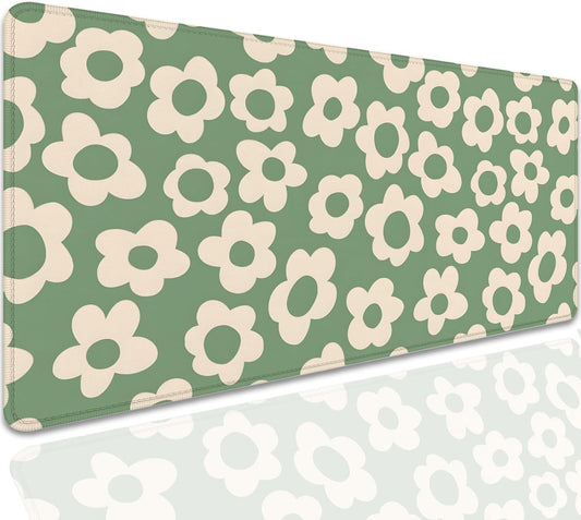 Green Daisy Flowers Desk Pad Mouse Pad,Large Daisies Floral Mouse Mat with Stitched Edges,Non-Slip Rubber Base Mousepad for Office PC Keyboard Laptop and Home Work Desk Mat(27.5X11.8 in)