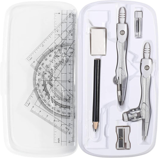 Math Geometry Kit Sets 10 Piece Student Supplies with Shatterproof Storage Box,Includes Rulers,Protractor,Compass,Eraser,Pencil Sharpener,Lead Refills,Pencil,for Drafting（White）
