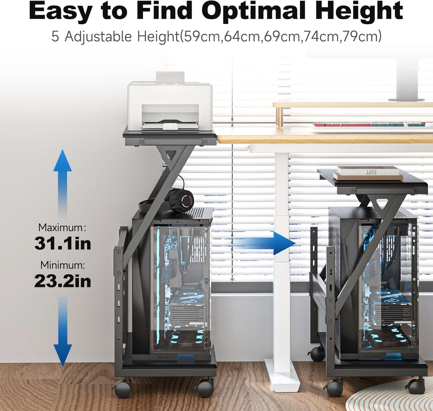 Suptek Computer Tower Stand,Height Adjustable PC Tower Stand/Cart with Wheels, Mobile Rolling CPU Holder, Computer Cart Side Stand for Computer Desk,23.22"-31.10"Hx25.19" Lx11.81" W, Black